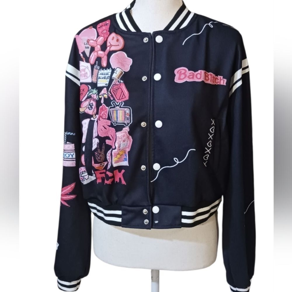 Varsity Style Jacket W/Snap Closure Black and Pink XL by: Flamingo Preowned
